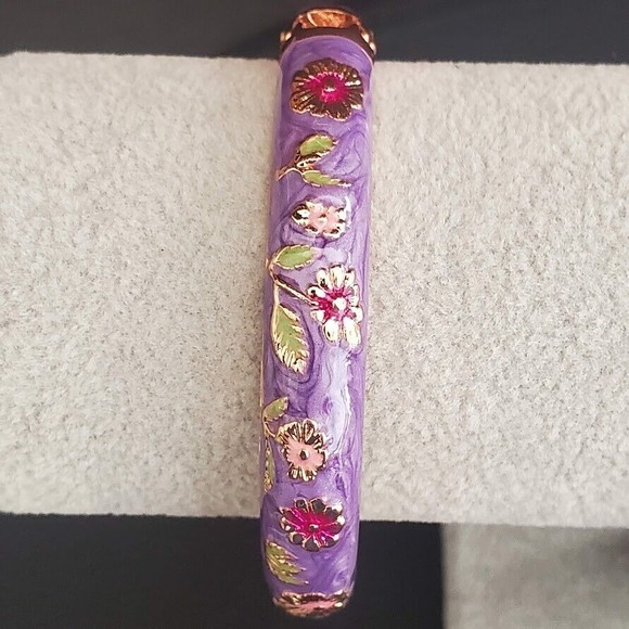 Cloisonne Hinged Bangle Bracelet Purple with Pink and Green Flowers - Picture 2 of 6